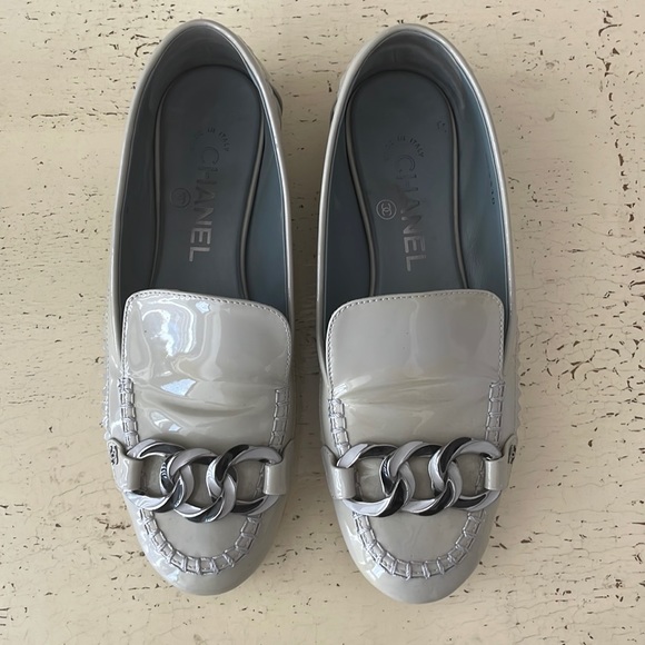 CHANEL Shoes - Chanel grey loafers flats. Size 37. Grey shiny lacquered genuine patent leather